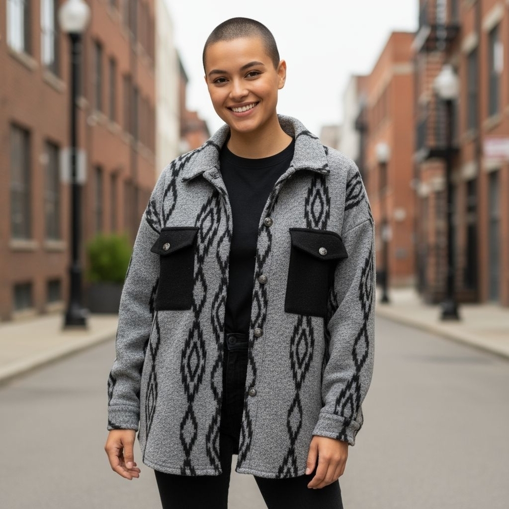Grey Aztec Loose Oversize Fleece Shacket Layering Piece - Picture 11 of 12